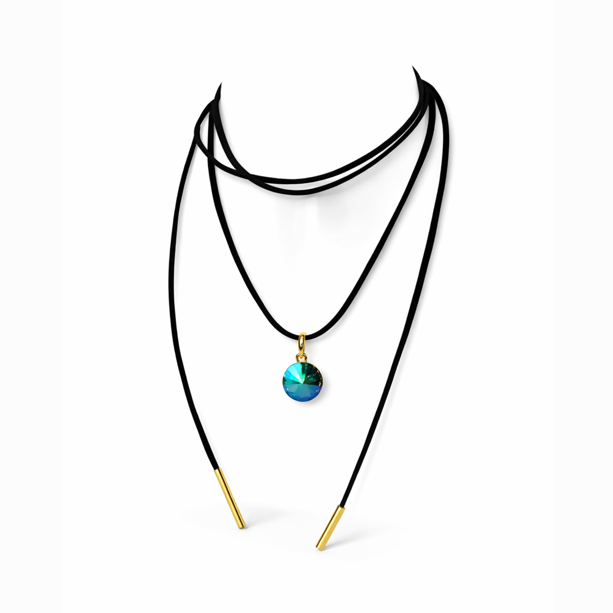 Long black cord necklace with crystal