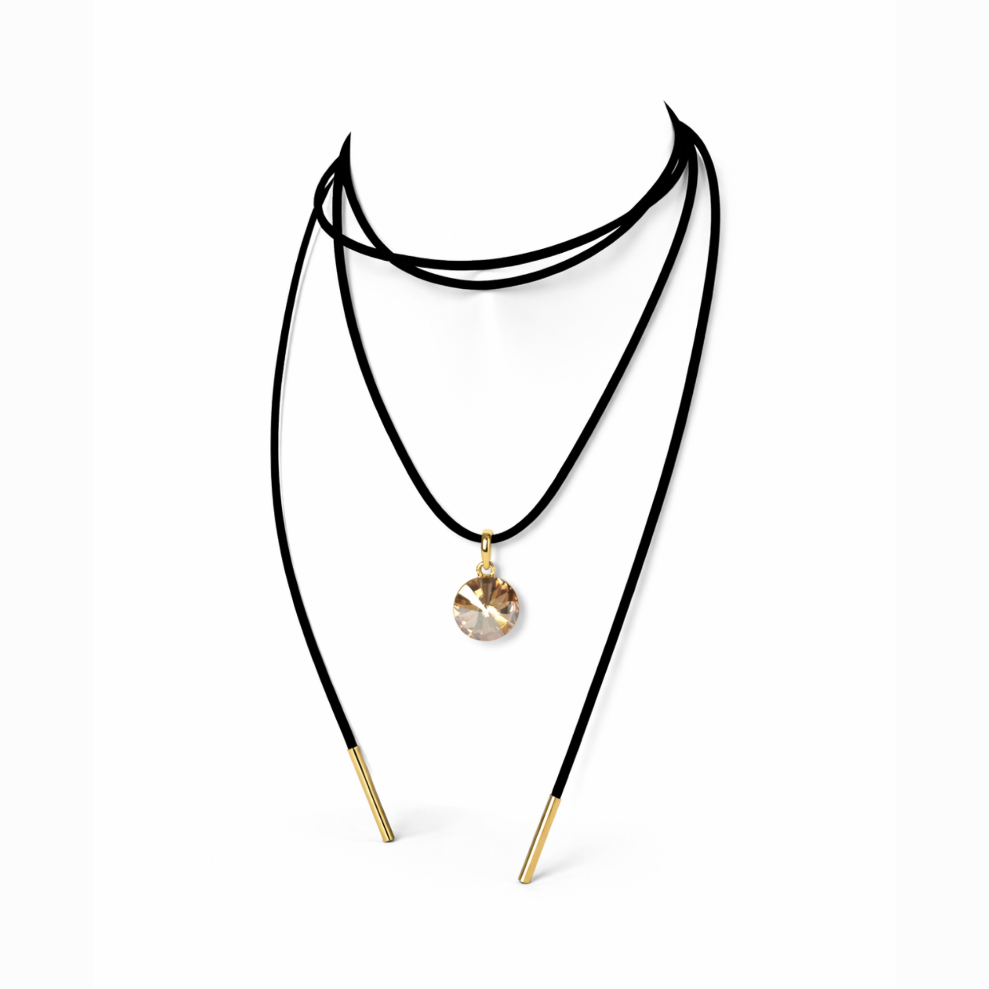 Long black cord necklace with crystal