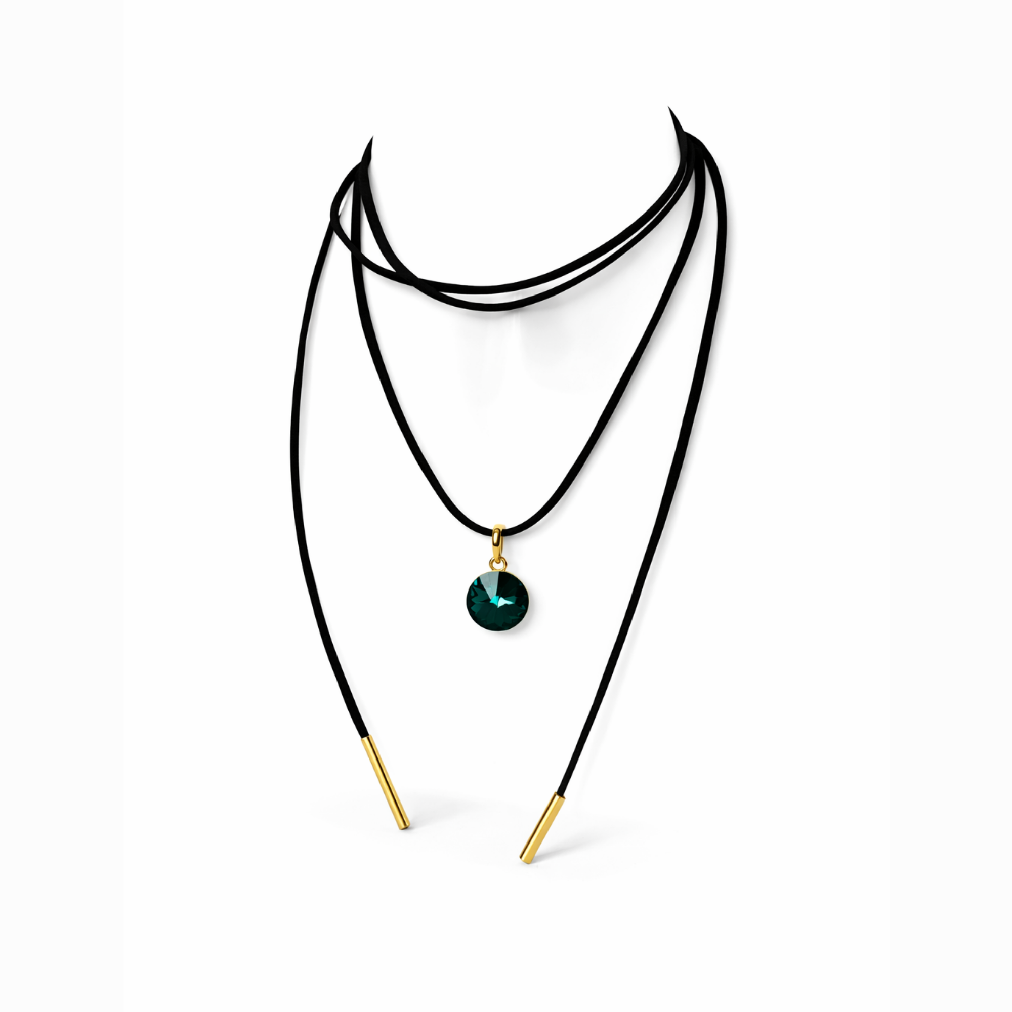 Long black cord necklace with crystal