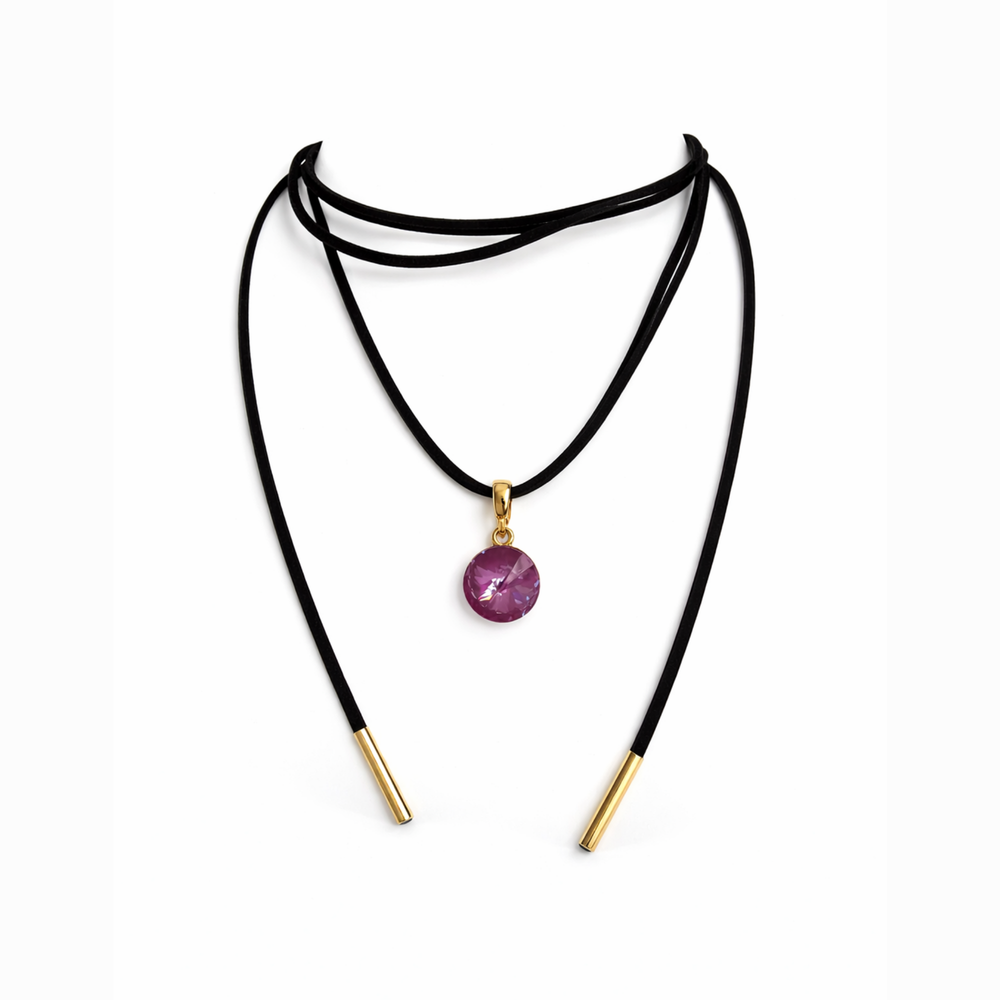 Long black cord necklace with crystal