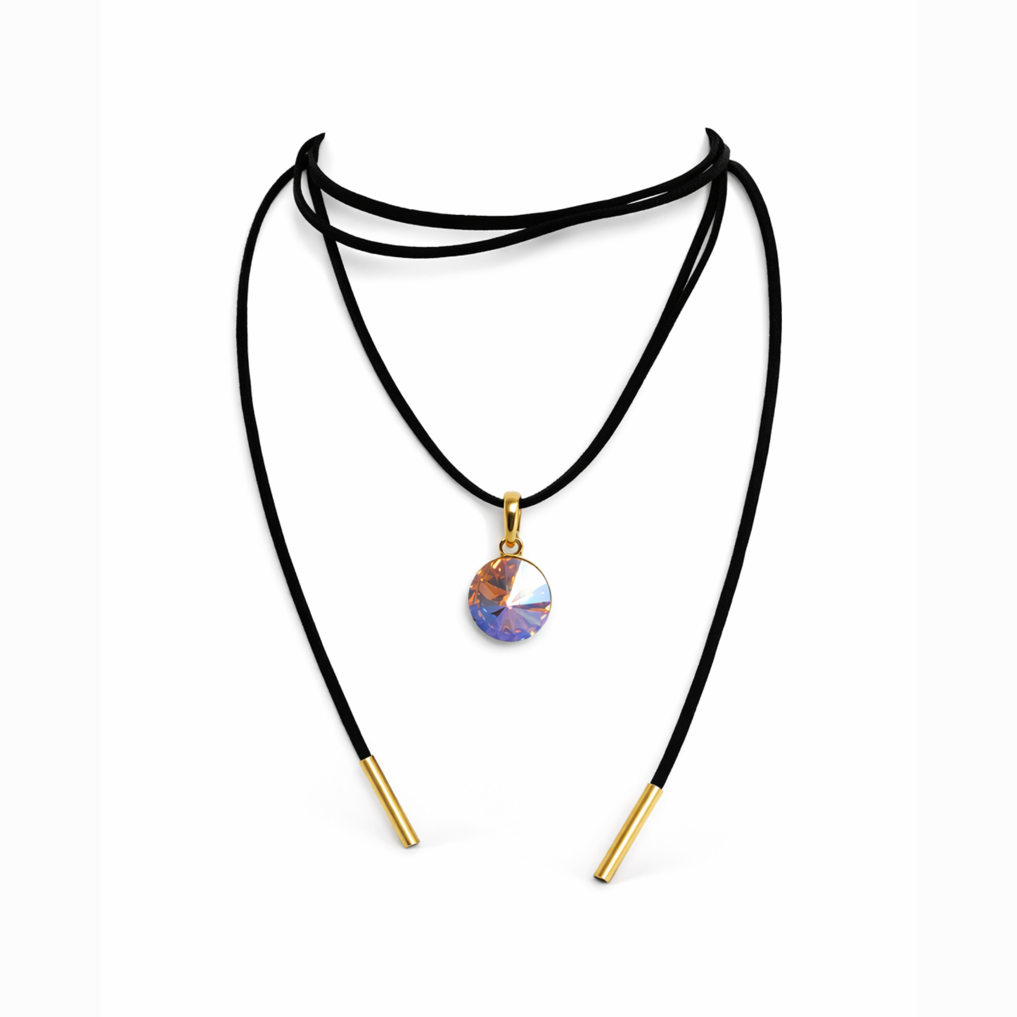 Long black cord necklace with crystal