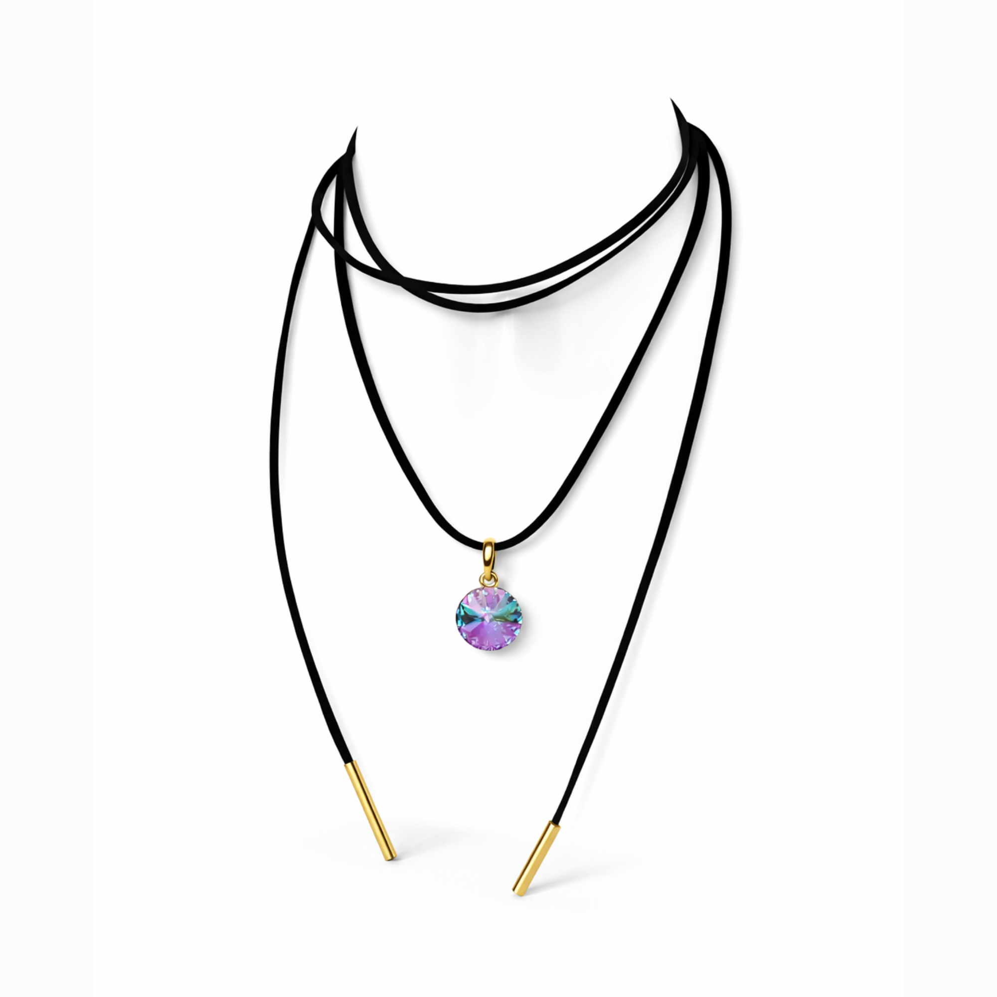 Long black cord necklace with crystal