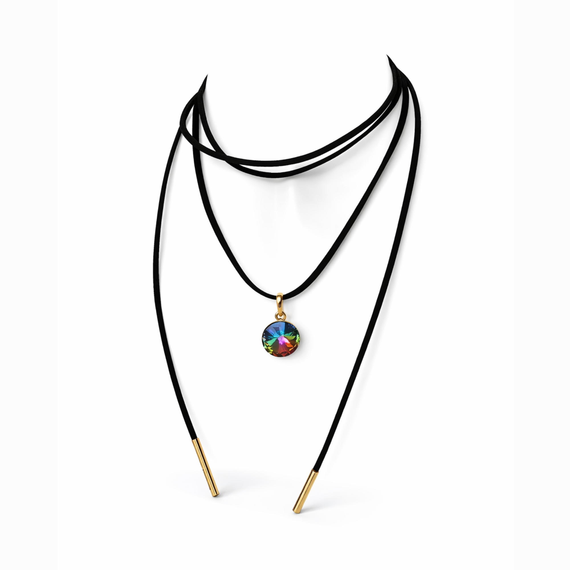 Long black cord necklace with crystal